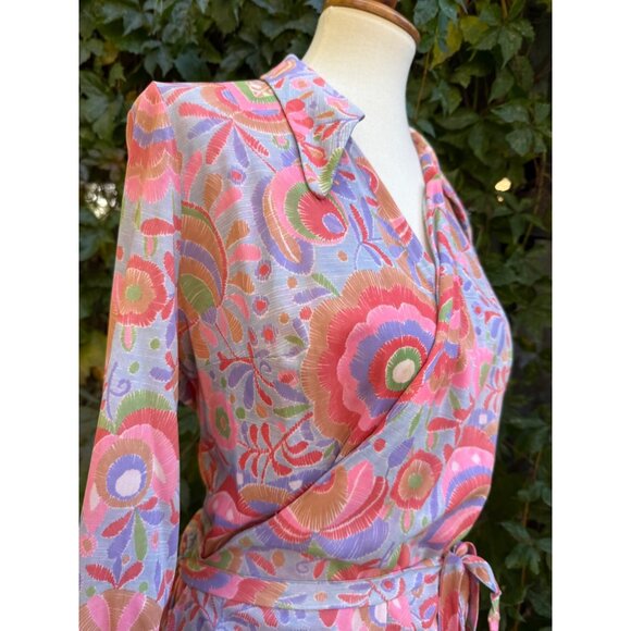 70s Rainbow Floral Psychedelic Tunic Wrap Dress Dagger Collar Volup - Picture 12 of 13